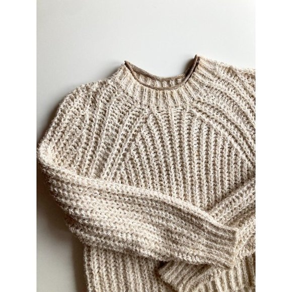 Aritzia WILFRED Confetti Beige Chunky Knit Cropped Raglan Sweater, Size L - Picture 5 of 16